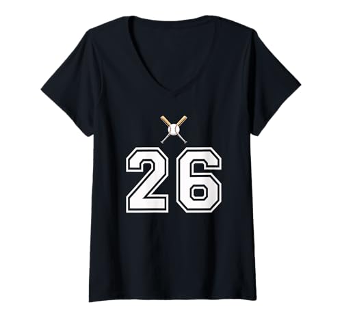 Damen 26 Nummer Baseball Style Vintage Weiß T-Shirt mit V-Ausschnitt von 26 Nummer Baseball Style Weiß