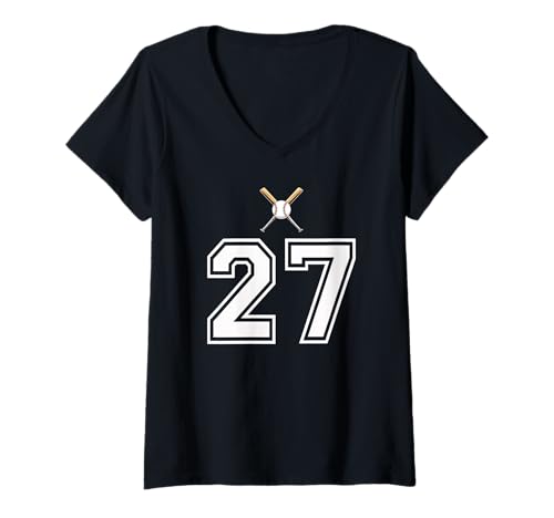 Damen 27 Nummer Baseball Style Vintage Weiß T-Shirt mit V-Ausschnitt Damen 27 Nummer Baseball Style Vintage Weiß T-Shirt mit V-Ausschnitt von 27 Nummer Baseball Style Weiß