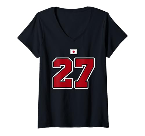 Damen 27 Nummer College Style Vintage Rot Weiß Japan Flagge T-Shirt mit V-Ausschnitt Damen 27 Nummer College Style Vintage Rot Weiß Japan Flagge T-Shirt mit V-Ausschnitt von 27 Nummer College Style Rot Weiß Japan
