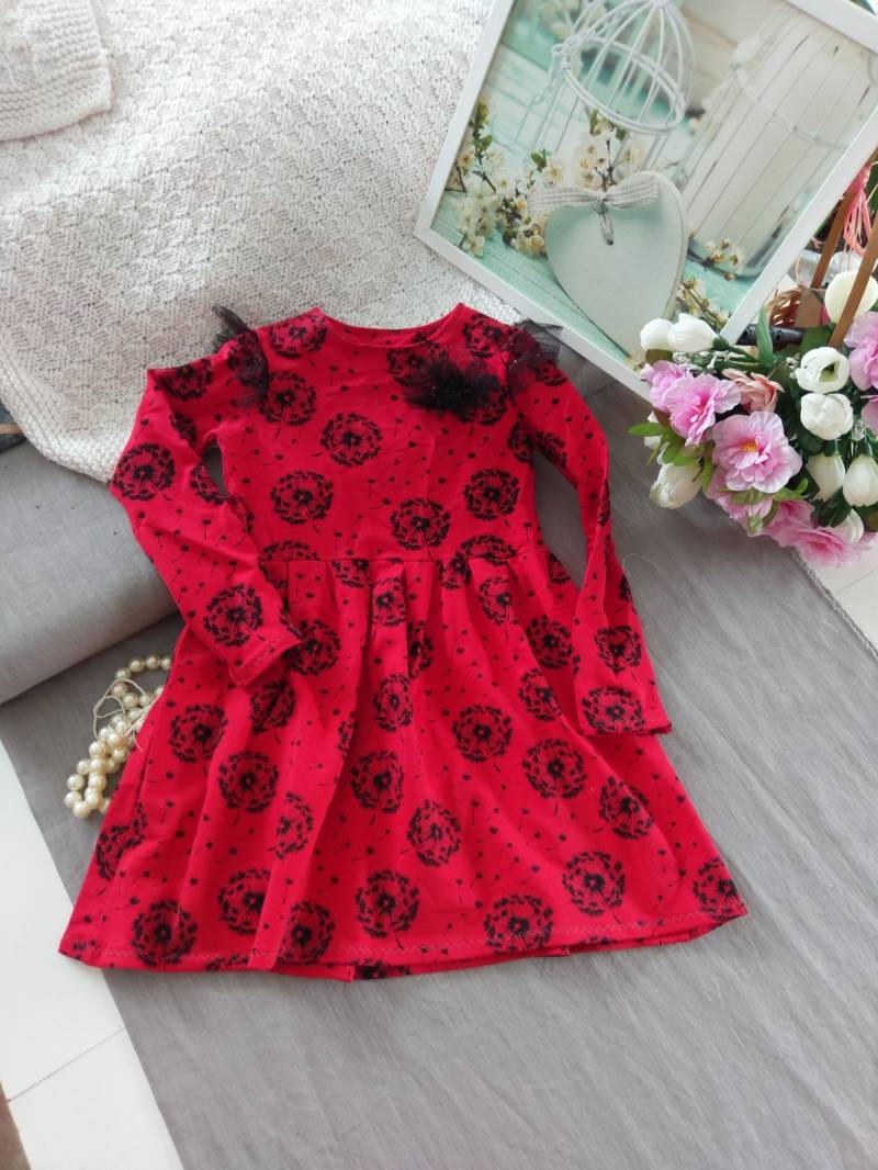 Pusteblumen Rot Sweat Mädchen Kleid, Langarm Löwenzahn Rotes Kinderkleid In von 28JB