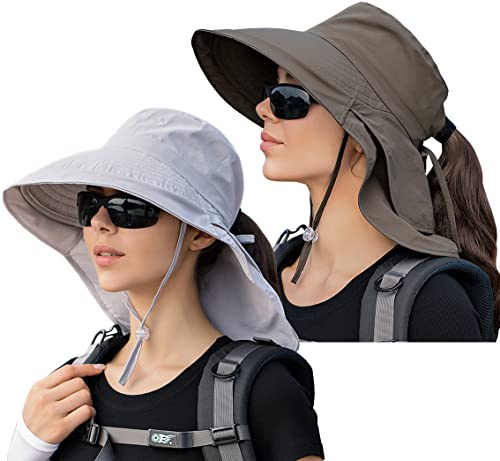 29 IYEBRAO 2 Stück Sonnenhut Damen mit Nackenschutz-UV Schutz Breite Krempe Pferdeschwanz Sommerhut -UPF 50 Einstellbare Strand Fischerhut Anglerhut Garten Outdoor Hut (2 Stück-Hellgrau & Armeegrün) von 29 IYEBRAO