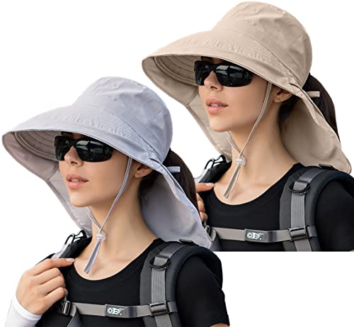 29 IYEBRAO 2 Stück Sonnenhut Damen mit Nackenschutz-UV Schutz Breite Krempe Pferdeschwanz Sommerhut -UPF 50 Einstellbare Strand Fischerhut Anglerhut Garten Outdoor Hut (2 Stück-Hellgrau & Beige) von 29 IYEBRAO