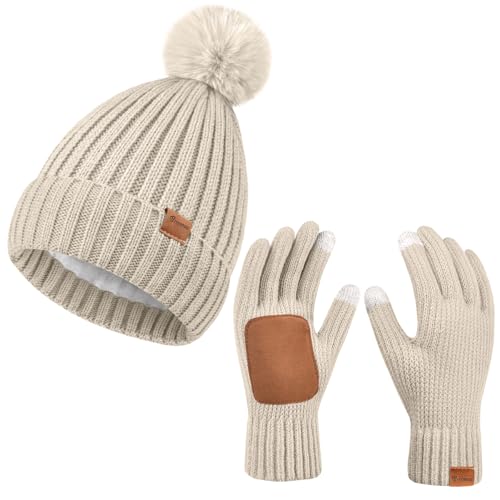 Damen Beanie Hut Handschuhe Set Winter Gestrickte Mütze Hut für Frauen Mit Pom Pom Warme Touchscreen Handschuhe 2 in 1 Set für kaltes Wetter (DE/NL/SE/PL, Alphanumerisch, Einheitsgröße, Creme) von 29 IYEBRAO