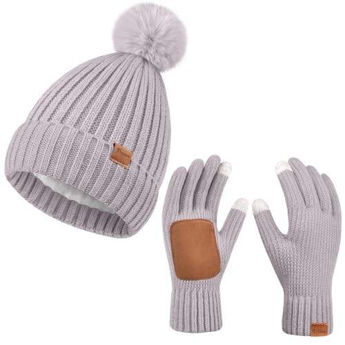 Damen Beanie Hut Handschuhe Set Winter Gestrickte Mütze Hut für Frauen Mit Pom Pom Warme Touchscreen Handschuhe 2 in 1 Set für kaltes Wetter (DE/NL/SE/PL, Alphanumerisch, Einheitsgröße, Grau) von 29 IYEBRAO