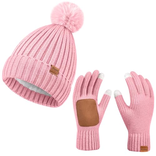 Damen Beanie Hut Handschuhe Set Winter Gestrickte Mütze Hut für Frauen Mit Pom Pom Warme Touchscreen Handschuhe 2 in 1 Set für kaltes Wetter (DE/NL/SE/PL, Alphanumerisch, Einheitsgröße, Rosa) von 29 IYEBRAO
