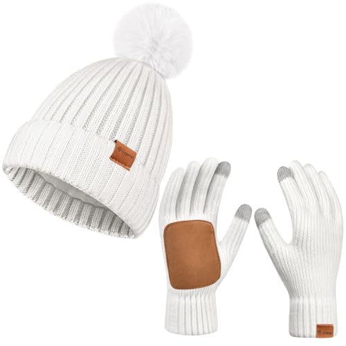 Damen Beanie Hut Handschuhe Set Winter Gestrickte Mütze Hut für Frauen Mit Pom Pom Warme Touchscreen Handschuhe 2 in 1 Set für kaltes Wetter (DE/NL/SE/PL, Alphanumerisch, Einheitsgröße, Weiß) von 29 IYEBRAO