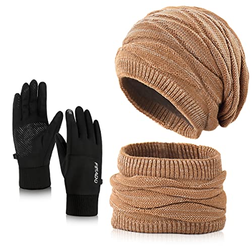 Wintermütze Schal Handschuhe Sets Damen,Weichem Strickmütze Schal,Touchscreen Handschuhe,Warme Beanie Mütze Winter Set mit Fleecefutter für Ski (3Stück-Khaki(Mütze und Schal) & Schwarz Handschuhe) von 29 IYEBRAO