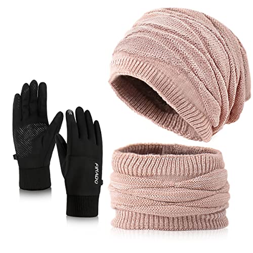 Wintermütze Schal Handschuhe Sets Damen,Weichem Strickmütze Schal,Touchscreen Handschuhe,Warme Beanie Mütze Winter Set mit Fleecefutter für Ski (3Stück-Rosa(Mütze und Schal) & Schwarz Handschuhe) von 29 IYEBRAO