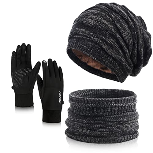 Wintermütze Schal Handschuhe Sets Damen,Weichem Strickmütze ,Touchscreen ,Warme Beanie Mütze Winter mit Fleecefutter für Ski 3Stück-Schwarz von 29 IYEBRAO