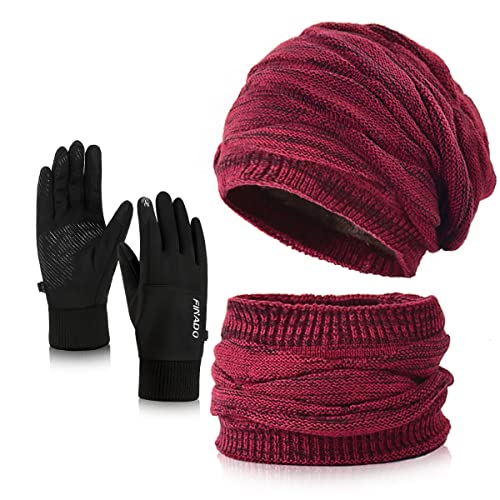 Wintermütze Schal Handschuhe Sets Damen,Weichem Strickmütze Schal,Touchscreen Handschuhe,Warme Beanie Mütze Winter Set mit Fleecefutter für Ski (3Stück-Weinrot(Mütze und Schal) & Schwarz Handschuhe) von 29 IYEBRAO