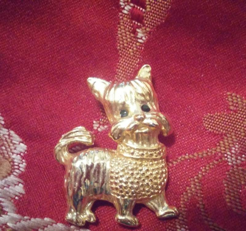 Entzückende Gold Ton Yorkie Brosche Pin Mit Schwarzen Strass Augen Entzückende Gold Ton Yorkie Brosche Pin Mit Schwarzen Strass Augen von 2BEB