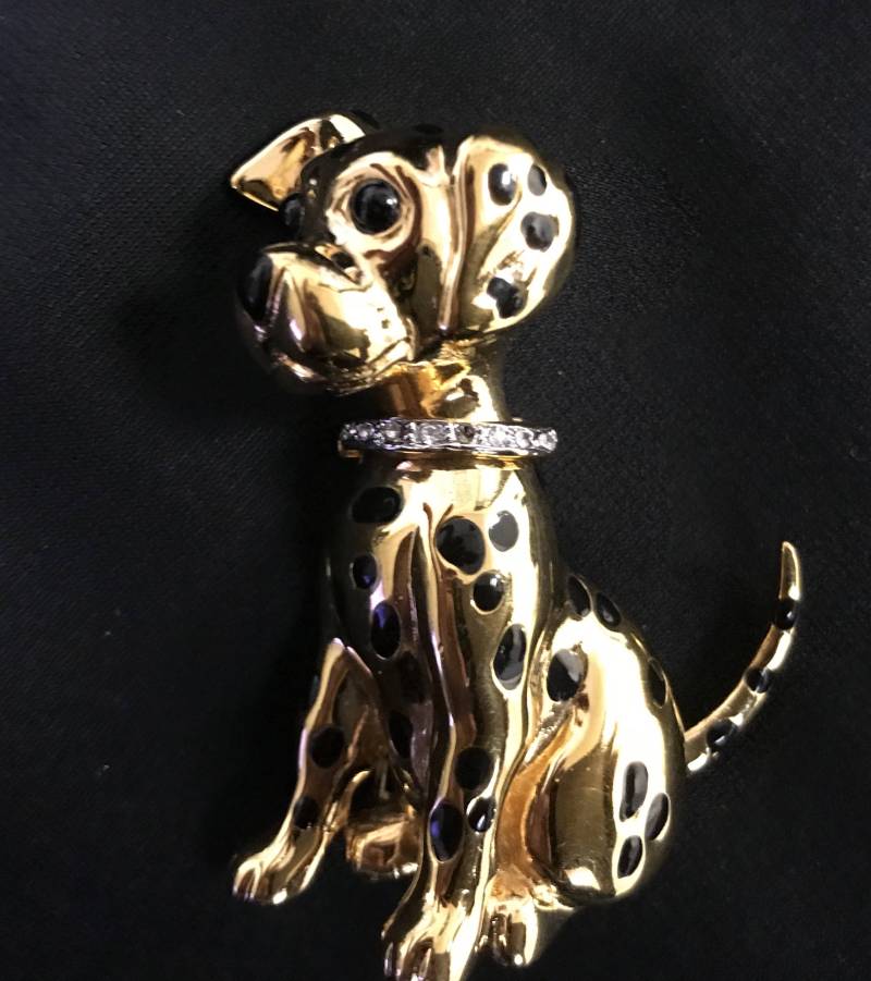 Gold-Ton Dalmation Brosche Pin Mit Klaren Strass Kragen, Hund Gold Schwarz Emaille Klar Kragen Gold-Ton Dalmation Brosche Pin Mit Klaren Strass Kragen, Hund Gold Schwarz Emaille Klar Kragen von 2BEB