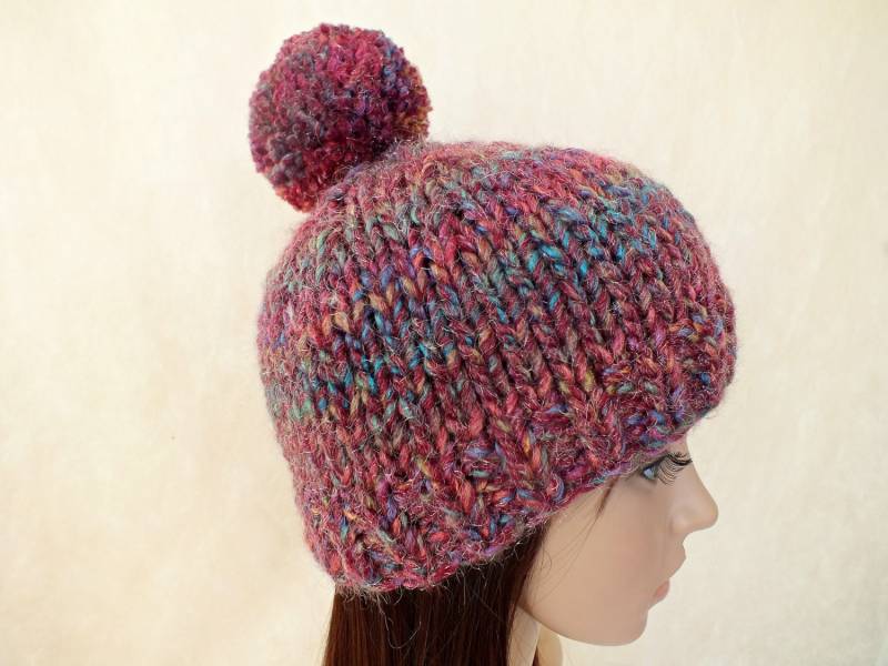 Handgestrickte Grobstrick Merino Wolle Mütze Gestreifte Pom Mütze von 2HandMade