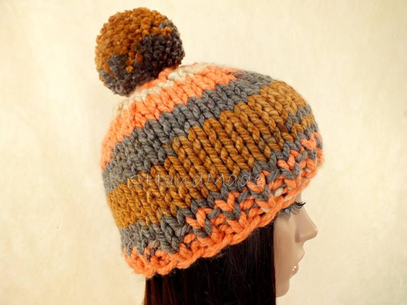 Handgestrickte Grobstrick Merino Wolle Mütze Gestreifte Pom Mütze von 2HandMade