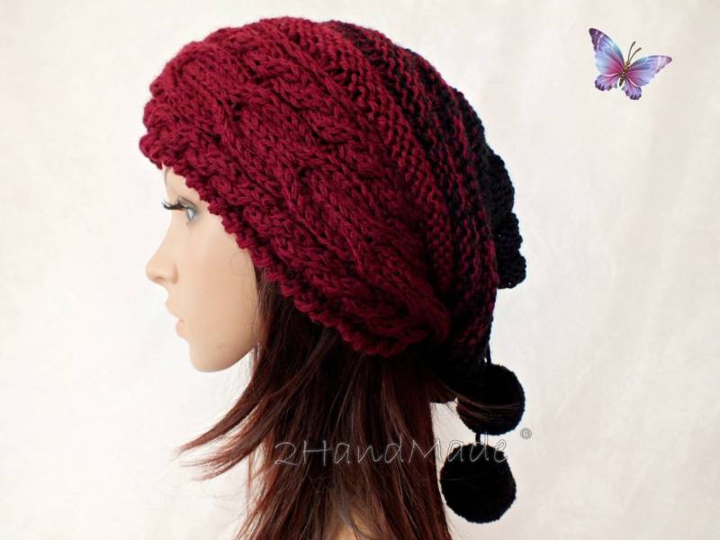 Handgestrickte Merino Wolle Slouchy Beanie Weinrot & Schwarz Zopfmuster von 2HandMade