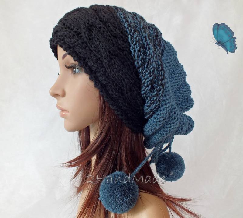Handgestrickte Slouchy Beanie Aus Merinowolle Zopfmuster Pom Mütze von 2HandMade