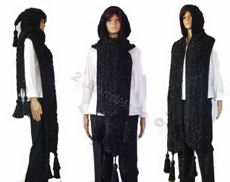 Handgestrickter Schwarzer Tweed Kapuzenschal Wolle Zopfmuster Infinity Cowl von 2HandMade