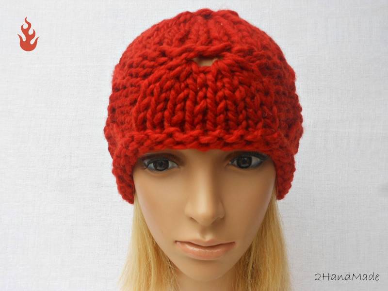 Super Chunky Zopfmuster Strickmütze Schafwolle Mütze Unisex Rot Ginger Männer Frauen Jugendliche von 2HandMade