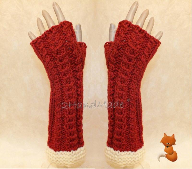 Terrakotta Merino Wolle Fingerlose Handschuhe Grobstrick Zopfmuster Handstulpen von 2HandMade