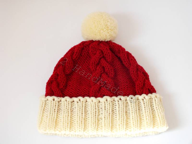 Handgestrickte Zopfmütze Nikolausmütze - Rot, Weiße Merino Wolle Pom Mütze von 2HandMade
