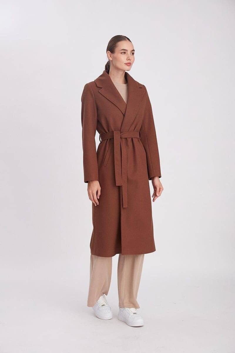 Wollmischung Gürtelmantel Schicker Brauner Maximantel von 2OzButik