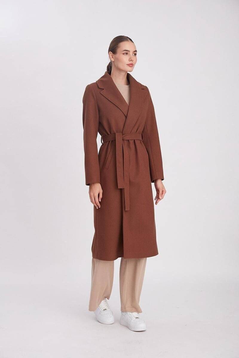 Wollmischung Gürtelmantel Schicker Brauner Maximantel von 2OzButik