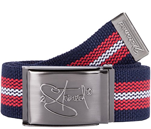 2Stoned Stoffgürtel Canvas Belt Navy-Rot-Weiß, Matte Schnalle Geprägt, 4 cm breit für Damen und Herren von 2Stoned