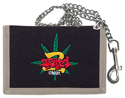 2Stoned Geldbörse Unisex in Schwarz mit Kette und Karabiner, Stickmotiv Leaf, aus Polyester von 2Stoned