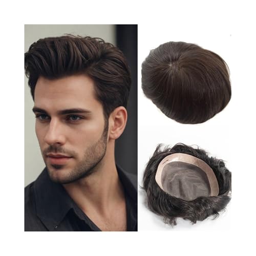 Glattes Toupet for Männer, Echthaar-Ersatzsystem, natürlicher Haaransatz, feines Mono mit NPU-Haarprothese, männliche Perücken Haarersatz Systeme(#4,6x9) von 2WFYJNITP