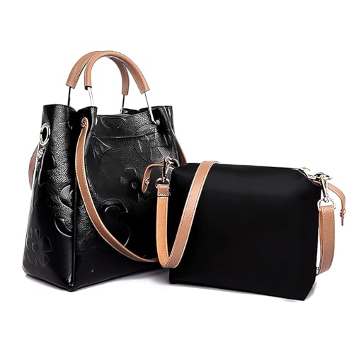 2XK-NOV Beuteltasche Damen Leder Handtasche Groß Handbags for Women Taschenset Crossbody Umhängetasche Abnehmbarer Schultergurt Damentaschen (Schwarz) von 2XK-NOV