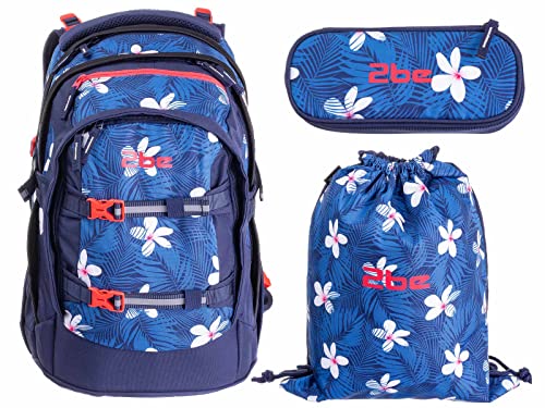 2be 4 tlg. Schulrucksack-Set mit Ergo School Backpack, Turnbeutel, Schlamperbox, Regencape Blue von 2be