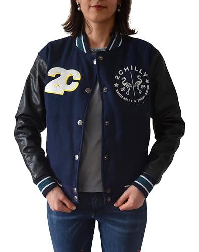 2chilly Damen Collegejacke Baseballjacke Varsity Jacket Lederjacke College Baseball Jacke Palm Bay Florida - limited Edition (as3, alpha, m, regular, regular, dark-navy/black) von 2chilly