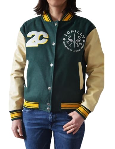 2chilly Damen Collegejacke Baseballjacke Varsity Jacket Lederjacke College Baseball Jacke Palm Bay Florida - limited Edition (as3, alpha, s, regular, regular, forrest-green/beige) von 2chilly