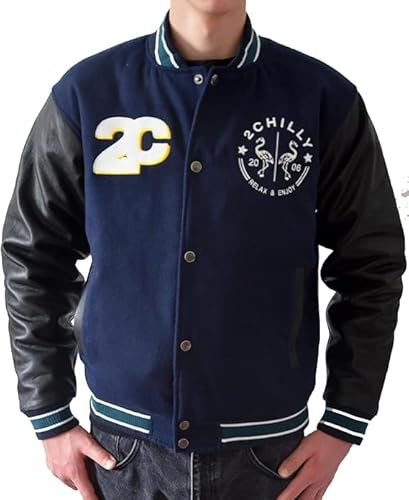 2chilly Vintage Retro Collegejacke Baseballjacke Varsity Jacke Lederjacke Bomberjacke College Baseball Jacket Leder Cow Leather Collegiate (as3, alpha, l, regular, regular, dark-navy/black) von 2chilly