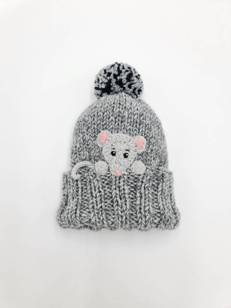 Mäusemütze, 49-52cm, Strickmütze, Kinder Accessoires, Pom Mütze, Wintermütze, Graue Kindermode, Tiermütze, Niedliche Handgemacht von 2mice