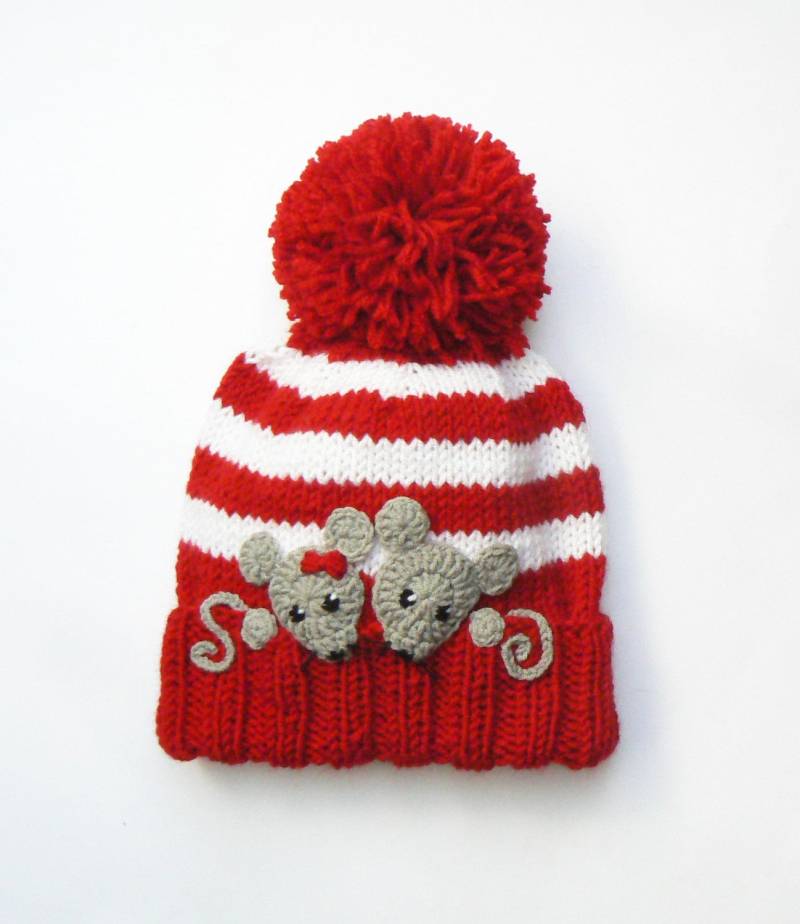 Strickmütze, Kinder Wintermütze, Strick Beanie Mütze, Pom Mäuse Applikation, Handgestrickte Kleinkind Mädchen Tier Ski Mütze von 2mice