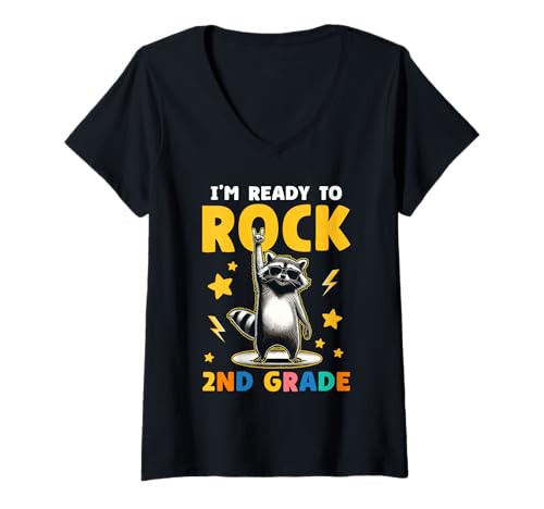 Damen Waschbär Rock 2. Klasse Jungen Mädchen Kinder Lustig 2. Klasse T-Shirt mit V-Ausschnitt Damen Waschbär Rock 2. Klasse Jungen Mädchen Kinder Lustig 2. Klasse T-Shirt mit V-Ausschnitt von 2nd Grade First Day Designs