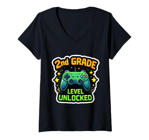 Damen 2. Klasse freigeschalteter Gamer Gaming Videospiel-Controller T-Shirt mit V-Ausschnitt Damen 2. Klasse freigeschalteter Gamer Gaming Videospiel-Controller T-Shirt mit V-Ausschnitt von 2nd Grade Level Unlocked Gamer Gaming Products
