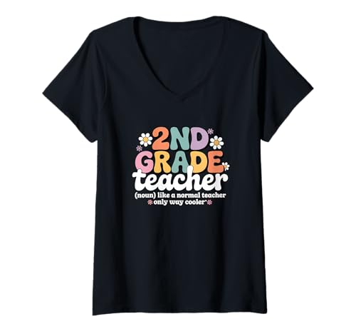 Damen Groovy 2nd Grade Teacher Grundschule Back to School T-Shirt mit V-Ausschnitt von 2nd Grade Teacher Apparel for Women & Men