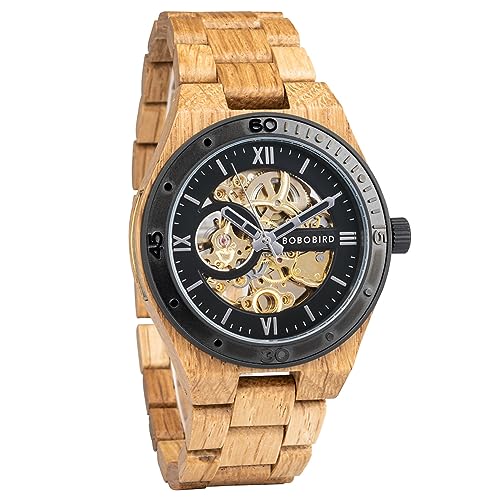 2win Herren Uhren Luxus Mechanisches Holzgehäuse Skelett Automatikwerk Selbstaufzug Leichte Echt Naturholz Band Armbanduhr, A-Watch von 2win