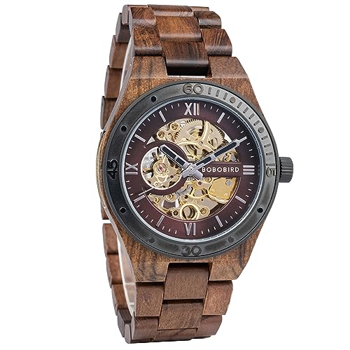 2win Herren Uhren Luxus Mechanisches Holzgehäuse Skelett Automatikwerk Selbstaufzug Leichte Echt Naturholz Band Armbanduhr, B-Watch von 2win