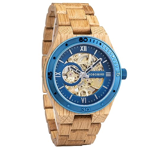 2win Herren Uhren Luxus Mechanisches Holzgehäuse Skelett Automatikwerk Selbstaufzug Leichte Echt Naturholz Band Armbanduhr, C-Watch von 2win