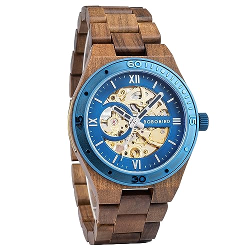 2win Herren Uhren Luxus Mechanisches Holzgehäuse Skelett Automatikwerk Selbstaufzug Leichte Echt Naturholz Band Armbanduhr, D-Watch von 2win