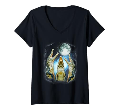 Damen 3 Alligator Howling At The Moon Krokodil Parodie 3 Wolf Mond T-Shirt mit V-Ausschnitt von 3 Alligator Howling At The Moon Crocodile Parody