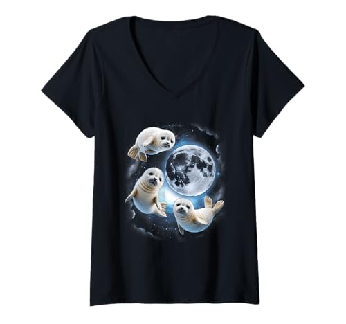 Damen 3 süße Baby Seals Moon Seal Under Moon Funny T-Shirt mit V-Ausschnitt Damen 3 süße Baby Seals Moon Seal Under Moon Funny T-Shirt mit V-Ausschnitt von 3 Cute Baby Seals Moon Seal Under Moon Funny
