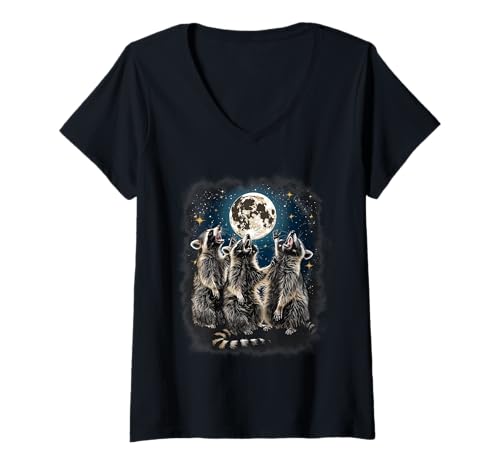 Damen Racoon Moon Heulender Waschbärkopf für Männer Frauen Kinder Waschbär T-Shirt mit V-Ausschnitt von 3 Racoon Shirt Moon Howling Cute Racoon Shirts Fun