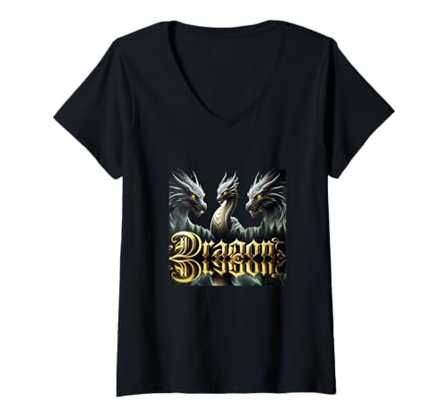 Damen COOLES DRAGON TSHIRT. 3 WEIßE DRACHEN MIT GELBEN AUGEN. SPASS T-Shirt mit V-Ausschnitt von 3 WHITE DRAGONS WITH YELLOW EYES, COOL LOOK