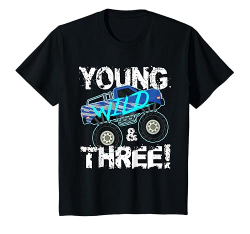 Kinder Young Wild and Three! 3. Geburtstag Monster Truck Shirt Jungen T-Shirt von 3 Year Old Monster Truck Birthday Shirt