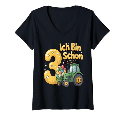 Damen Kinder 3 Geburtstag Junge Traktor Outfit Ich Bin Schon 3 T-Shirt mit V-Ausschnitt Damen Kinder 3 Geburtstag Junge Traktor Outfit Ich Bin Schon 3 T-Shirt mit V-Ausschnitt von 3 Year Tractors Birthday