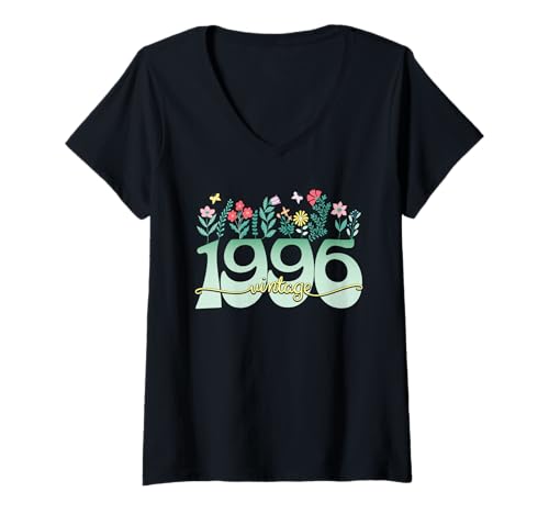 Damen Vintage 30 Jahre Jahrgang 1996 Blumen Geburtstag Frauen T-Shirt mit V-Ausschnitt von 30 Jahre Frau Geburtstag Jahrgang 1996 Ideen